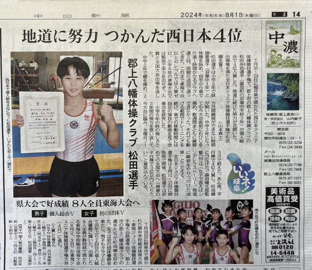 体操選手の大会結果が掲載された新聞記事の写真